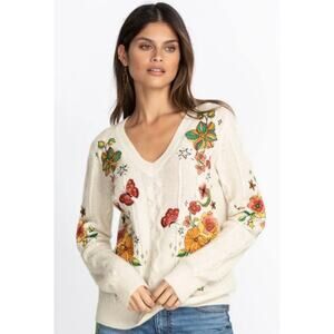 Johnny Was Wonder Years Cable Knit Embroidered Sweater Wool Cashmere Small